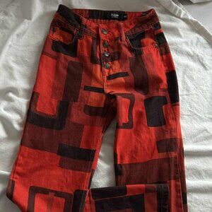 Jaded London Tomato-Red & Black Abstract Print Cotton Boyfriend Jeans – US 0